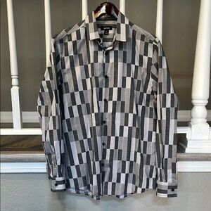 Alfani Black and Gray Geometric Casual Button Down Shirt